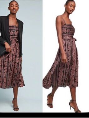 Anthropologie - Printed Midi Dress with Tie Waist - Brown/ Black